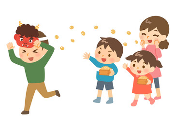 家族で豆まき　鬼役のお父さんと豆まきする子供とお母さん