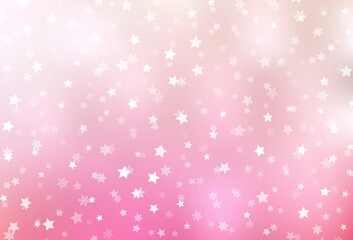 Light Pink, Yellow vector layout with bright snowflakes, stars.