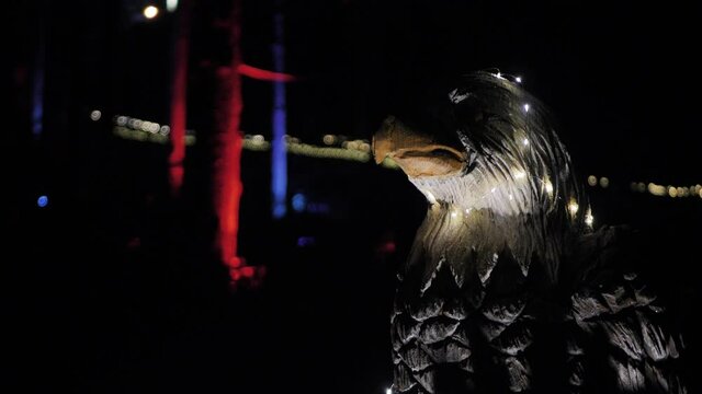 Wooden sculpture Eagle illuminated at night