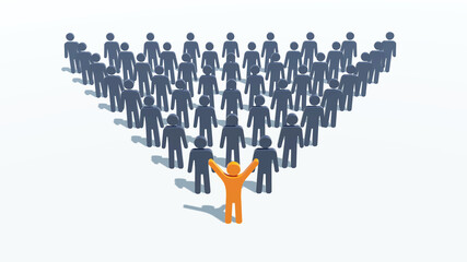 Positive team leader. Orange icon of a positive person on a background of gray icons of people.