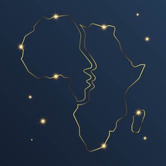 silhouette of a person's face is hidden in the silhouette of the African continent with gold lines and star effects