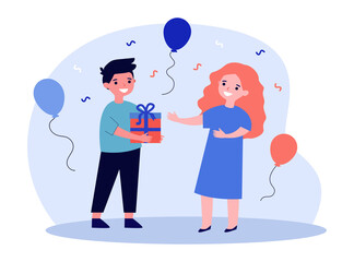 Cute boy giving gift to little girl. Kid, present, box flat vector illustration. Birthday celebration and holiday concept for banner, website design or landing web page