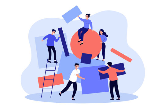 Team Working Together On Abstract Idea. People Carrying Subjects Of Different Shapes And Putting Together Geometrical Puzzle. Vector Illustration For Chaos, Teamwork, Failure Arranging Concepts