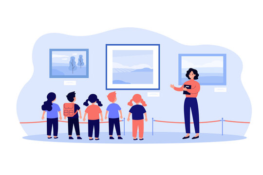 Children visiting museum excursion, standing at picture and listening to guide. Vector illustration for art gallery, cultural education, exhibition concepts
