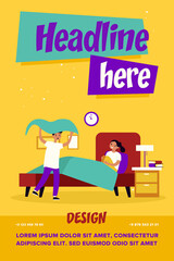 Brother scaring sister at night. Children playing in bedroom, telling scary story flat vector illustration. Childhood, siblings concept for banner, website design or landing web page