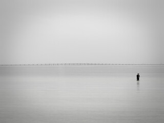 Man fishing bridge in background