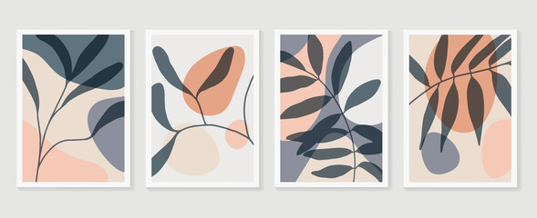 Botanical wall art vector set. Earth tone boho foliage line art drawing with  abstract shape.  Abstract Plant Art design for wall framed prints, canvas prints, poster, home decor, cover, wallpaper.