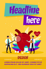 Heart disease research concept. Tiny cardiologist studying big heart model among drugs and heartbeat diagram. Vector illustration for cardiovascular system, cardiology, medical examination topics