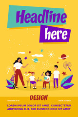 Obraz premium Children art school. Teacher, student, kids using palette and paintbrush flat vector illustration. Painting, drawing, creative development concept for banner, website design or landing web page