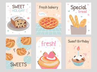 Bakery flyers set. Pie, loaves, buns, birthday cupcake, muffin vector illustrations with text. Holiday and dessert concept for posters and brochures design