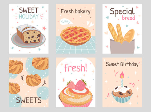 Bakery flyers set. Pie, loaves, buns, birthday cupcake, muffin vector illustrations with text. Holiday and dessert concept for posters and brochures design