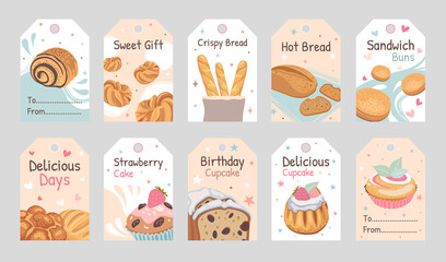 Bakery tags set. Loaves of bread, buns, cupcake, muffin, sandwich vector illustrations with text. Food, holiday and dessert concept for labels, flyers and postcards design