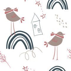 New year seamless pattern with bird, rainbow and house