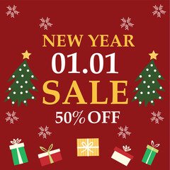 01.01 shopping day sale banner or poster on red background.01 January sale banner template.Special day online sale.Vector illustration.
