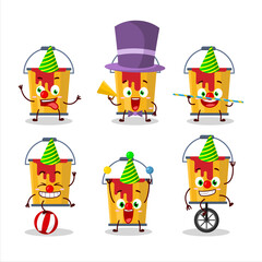 Cartoon character of yellow paint bucket with various circus shows
