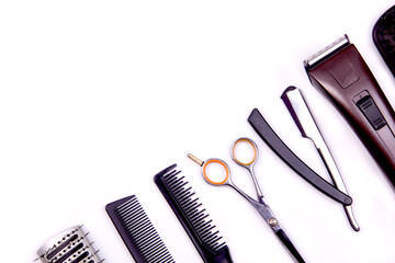 professional hairdressing tools laid out on the table top view