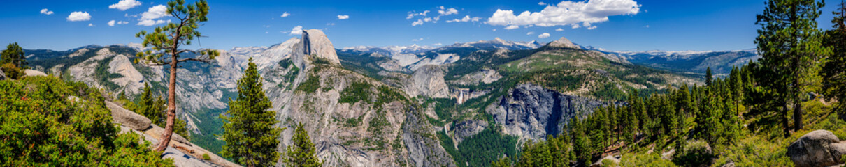 yosemite valley with half dome and waterfalls