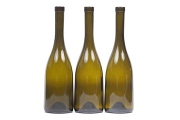 Three empty wine bottles on white background