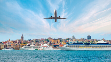Fototapeta na wymiar Airplane flying over Istanbul city - Luxury cruise ship in Bosporus against istanbul city with full moon - istanbul, Turkey