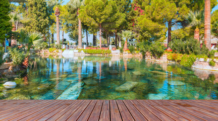Antique pool (Cleopatra's Bath) with wooden pier -  Pamukkale, Turkey