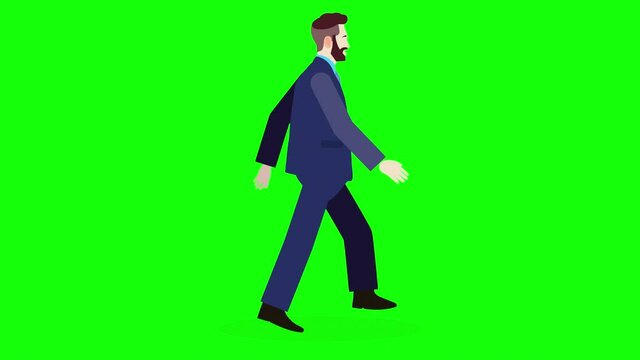 full body Businessman walking animation with green screen.Cartoon 2d young businessman walking looped. 
