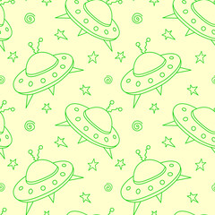Seamless childish pattern with Flying Saucers, UFO. Vector background and texture for fabric, wrapping, wallpaper, textile, apparel, cover