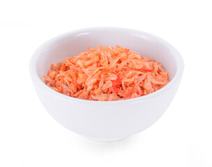 Dried small shrimp in white bowl isolated on white background.