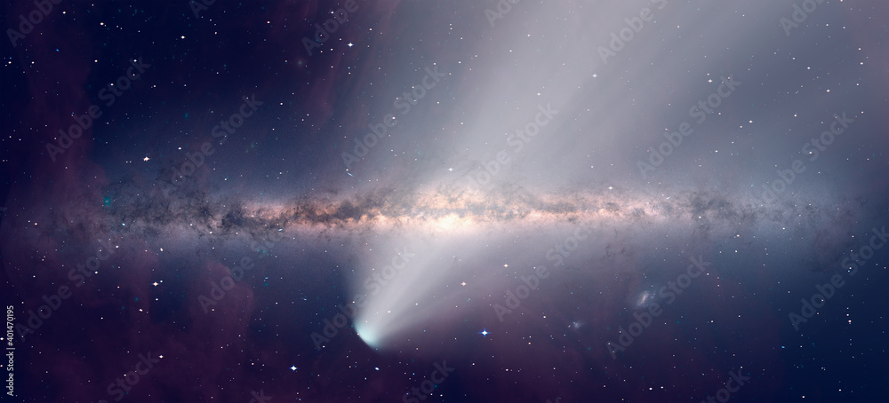 Poster comet on the space with milky way galaxy 