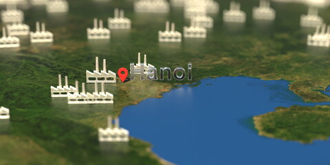 Factory icons near Hanoi city on the map, industrial production related 3D rendering