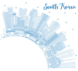 Outline South Korea City Skyline with Blue Buildings and Copy Space.