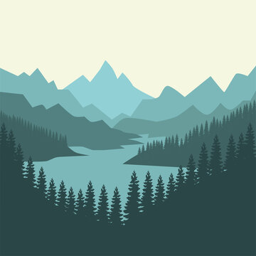 Blue panoramic valley pine woods