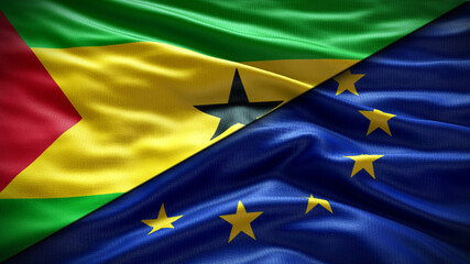 Double Flag  European Union vs Sao Tome and Principe flag waving flag with texture Close-up...