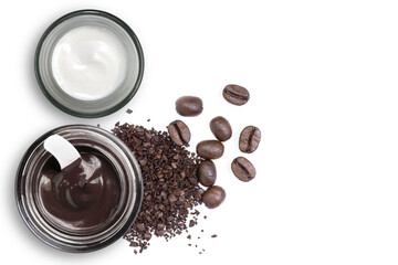Chocolate body beauty skincare cream with moisturizer nourishing creme and coffee beans isolated on white background. Top view. Flat lay.
