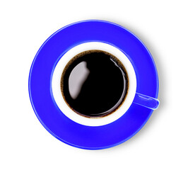 Blue cup of black coffee isolated on white background with clipping path. Top view. Flat lay.