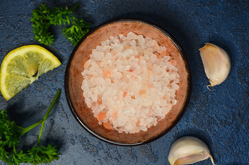 food background with copy space for text, ingredients for cooking, pink himalayan salt, lemon slice and garlic top view