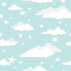 Seamless cartoon background with white clouds and shabby stars on turquoise sky.