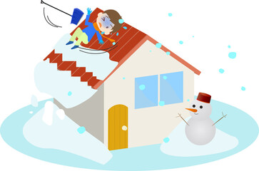 屋根に積もった雪を下ろす人が滑るイラスト