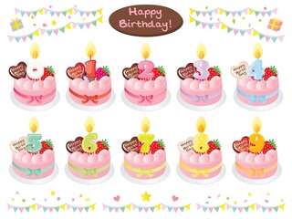 ピンクのお誕生日ケーキと数字の蝋燭のセットイラスト