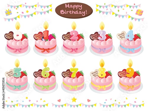 ピンクのお誕生日ケーキと数字の蝋燭のセットイラスト Wall Mural 竹中 美月