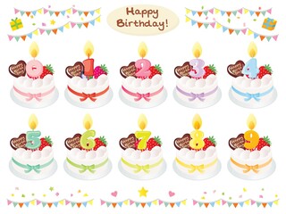 生クリームのお誕生日ケーキと数字の蝋燭のセットイラスト