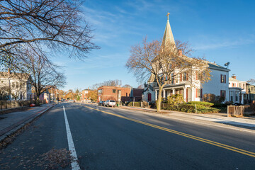 Street view with local buildings in Cambridge, Boston, USA