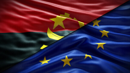 Double Flag  European Union vs Angola flag waving flag with texture Close-up background