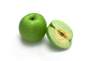 Ripe green apple fruit with apple half and green leaf isolated on white background. Apples and leaf with clipping path