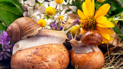 grape snail is actively crawling in nature. mollusc and invertebrate. delicacy meat and gourmet food.