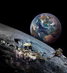 Moon rover on moon surface and planet Earth rising. Elements of this image furnished by NASA.