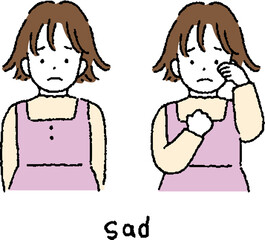 子供　シンプルなタッチの泣き顔の女の子とポーズのセット Children Simple touch crying face girl and pose set