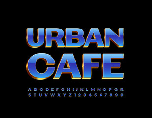 Vector stylish banner Urban Cafe. Blue and Gold luxury Font. Shiny Alphabet Letters and Numbers set