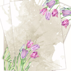watercolor background with pink tulips