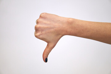 Right palm Caucasian female hand shows no or bad or dislike.  - obrazy, fototapety, plakaty