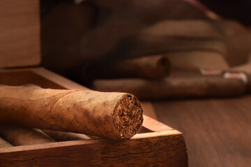 Handmade cuban cigar in wooden box humidor beautiful low key background with selective focus